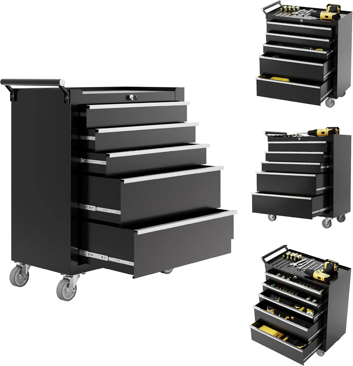 Portable Rolling Tool Chest with 5 Drawers, Mobile Tool Storage Cabinet with Lock, Heavy Duty Toolbox Organizer on Wheels for Garage Workshop Mechanic Shop Use