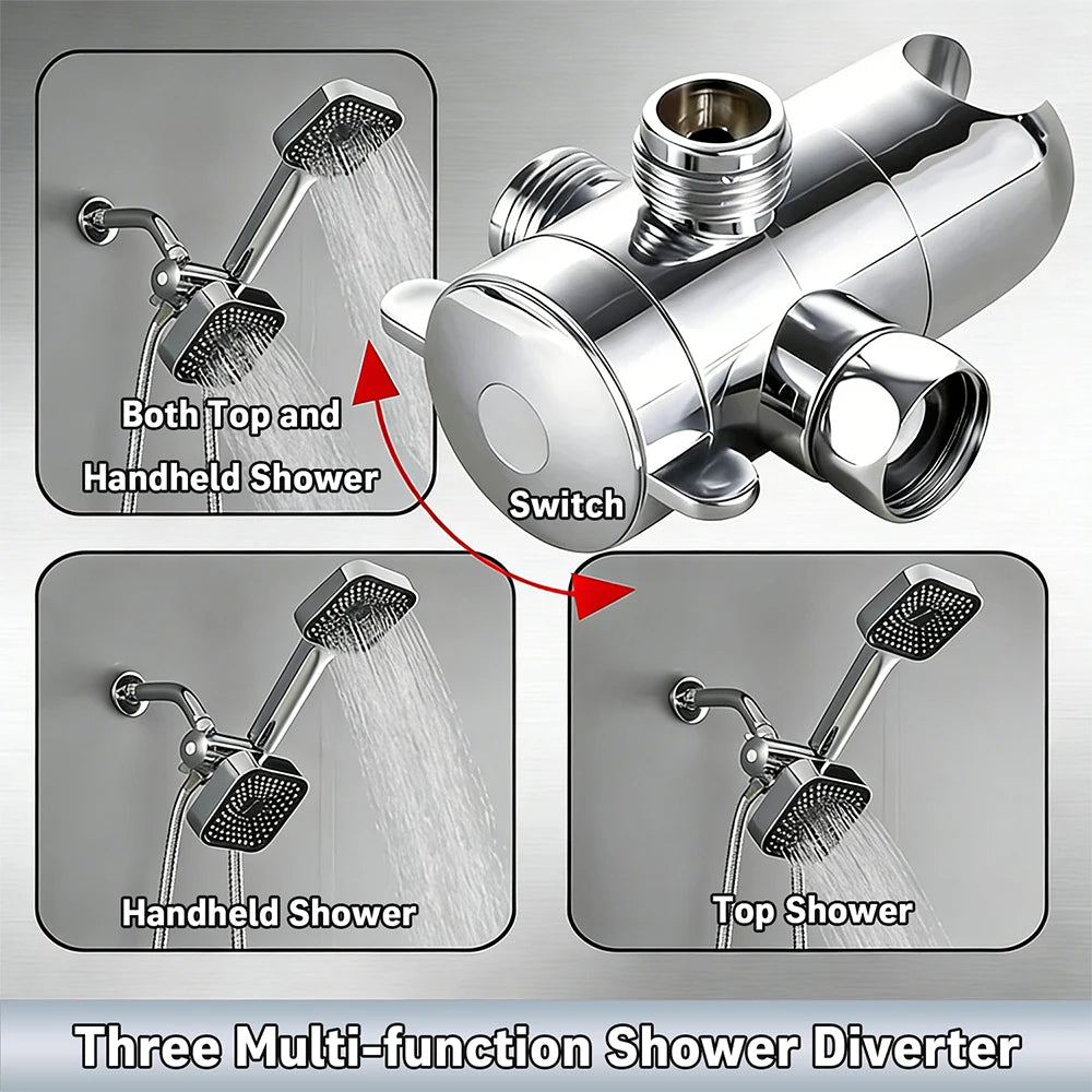 A High-Flow Large Nozzle and Handheld Shower Head,Two-In-One Shower Set,Shower Long Hose and T-Shaped Valve-Durable Abs Material,Wall-Mounted, Square Design,Suitable for Bathroom UpgradesThree-Way Water Distributor Bathroom