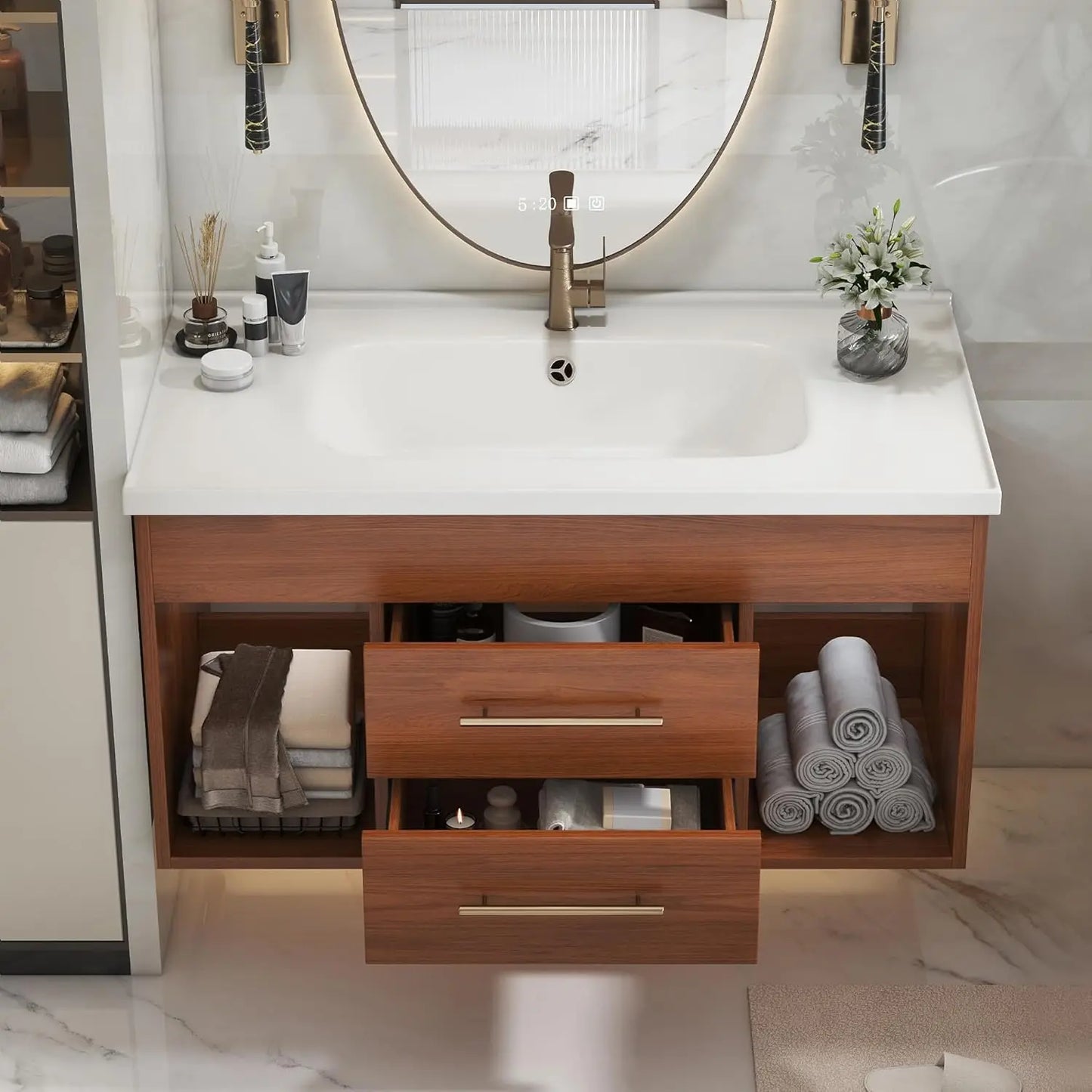 36" Modern Bathroom Vanity with Ceramic Sink – Sintered Stone Top, 4 Soft-Close Drawers, Sturdy Solid Wood Cabinet,, Customized