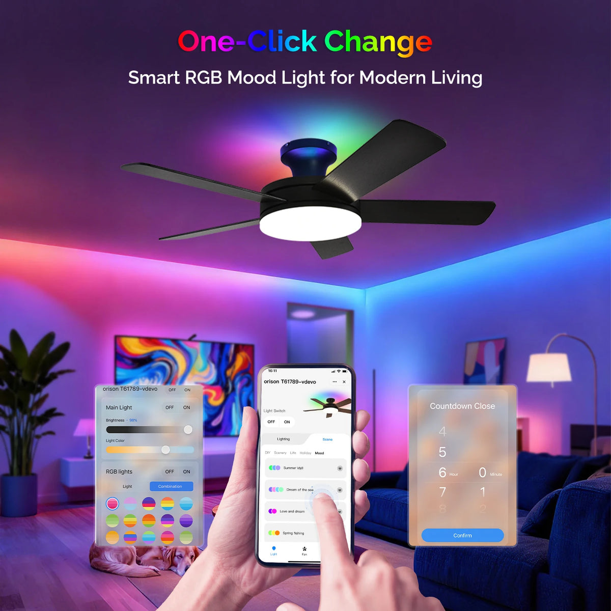 Orison 45" Low Profile Ceiling Fan with Light, Remote/APP Control, RGB Backlight, LED Dimmable, DC Motor, 6 Speeds, 5 Blades