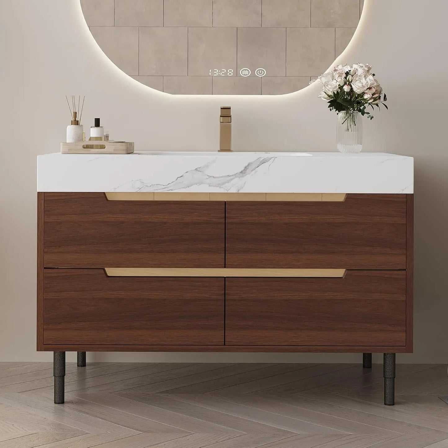 36" Modern Bathroom Vanity with Ceramic Sink – Sintered Stone Top, 4 Soft-Close Drawers, Sturdy Solid Wood Cabinet,, Customized