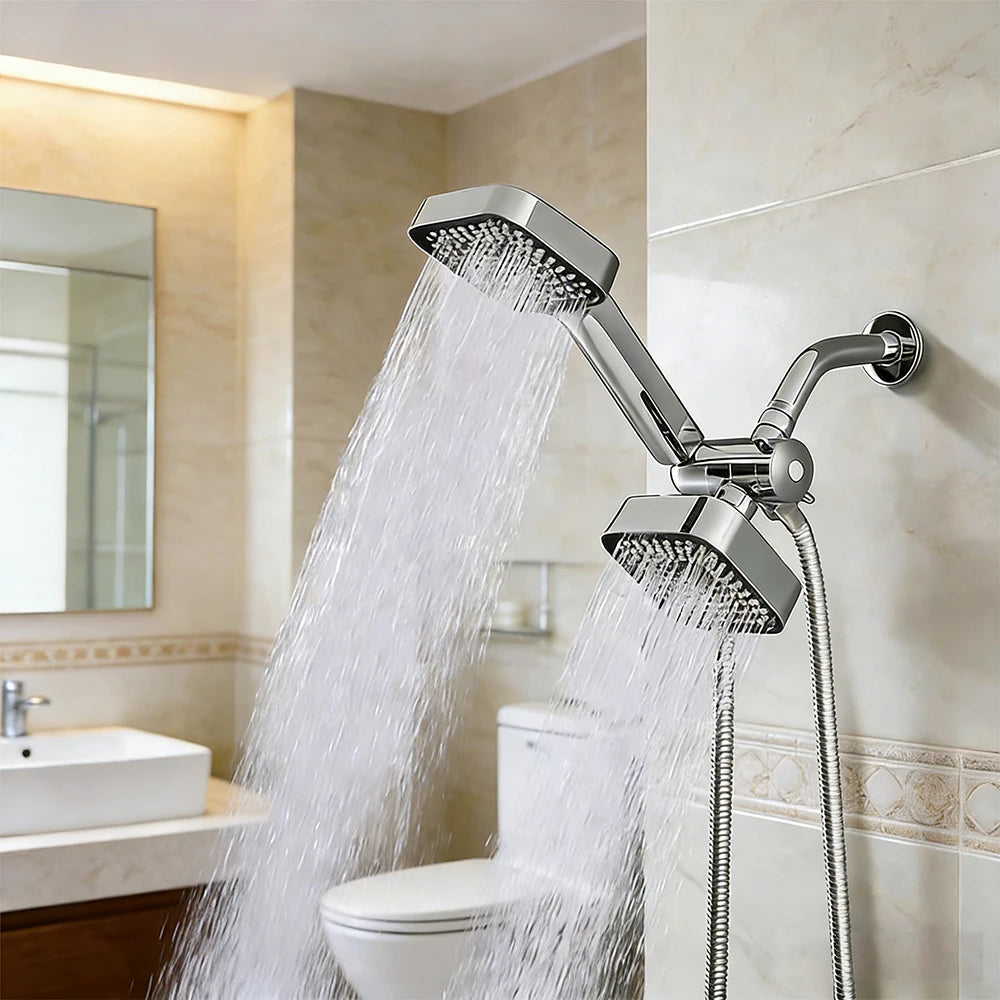 A High-Flow Large Nozzle and Handheld Shower Head，Two-In-One Shower Set,Shower Long Hose and T-Shaped Valve-Durable Abs Material,Wall-Mounted, Square Design,Suitable for Bathroom UpgradesThree-Way Water Distributor Bathroom