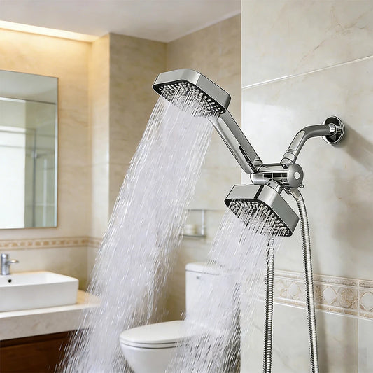 A High-Flow Large Nozzle and Handheld Shower Head，Two-In-One Shower Set,Shower Long Hose and T-Shaped Valve-Durable Abs Material,Wall-Mounted, Square Design,Suitable for Bathroom UpgradesThree-Way Water Distributor Bathroom