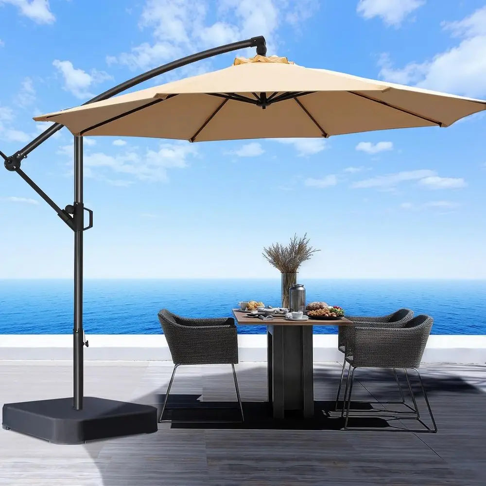 10ft Hanging Patio Outdoor Market Umbrella with Base, UPF 50+ UV Protection, Easy Crank Operation for Pool Deck and Garden (Beig
