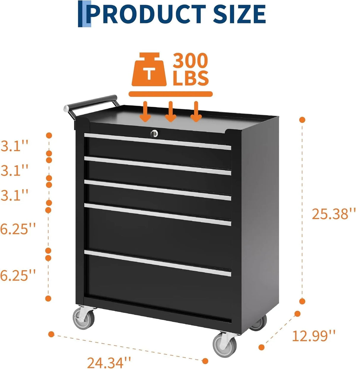 Portable Rolling Tool Chest with 5 Drawers, Mobile Tool Storage Cabinet with Lock, Heavy Duty Toolbox Organizer on Wheels for Garage Workshop Mechanic Shop Use