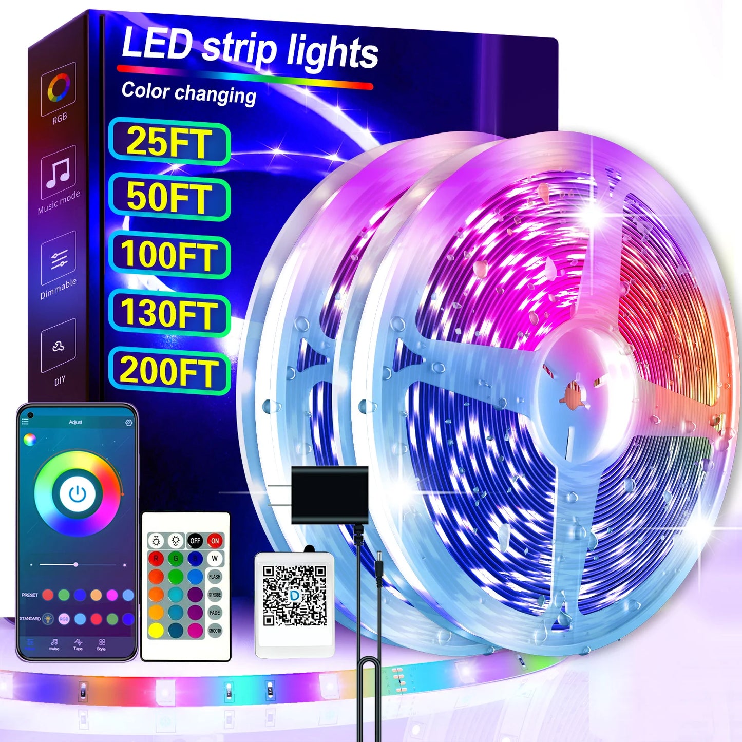 25/50/100/130/200FT RGB LED Smart Light Strip, App & 24-Key Remote Control, Music Sync, 24V, Multiple Modes for Living Room Bedroom Courtyard Party Halloween Christmas Decor