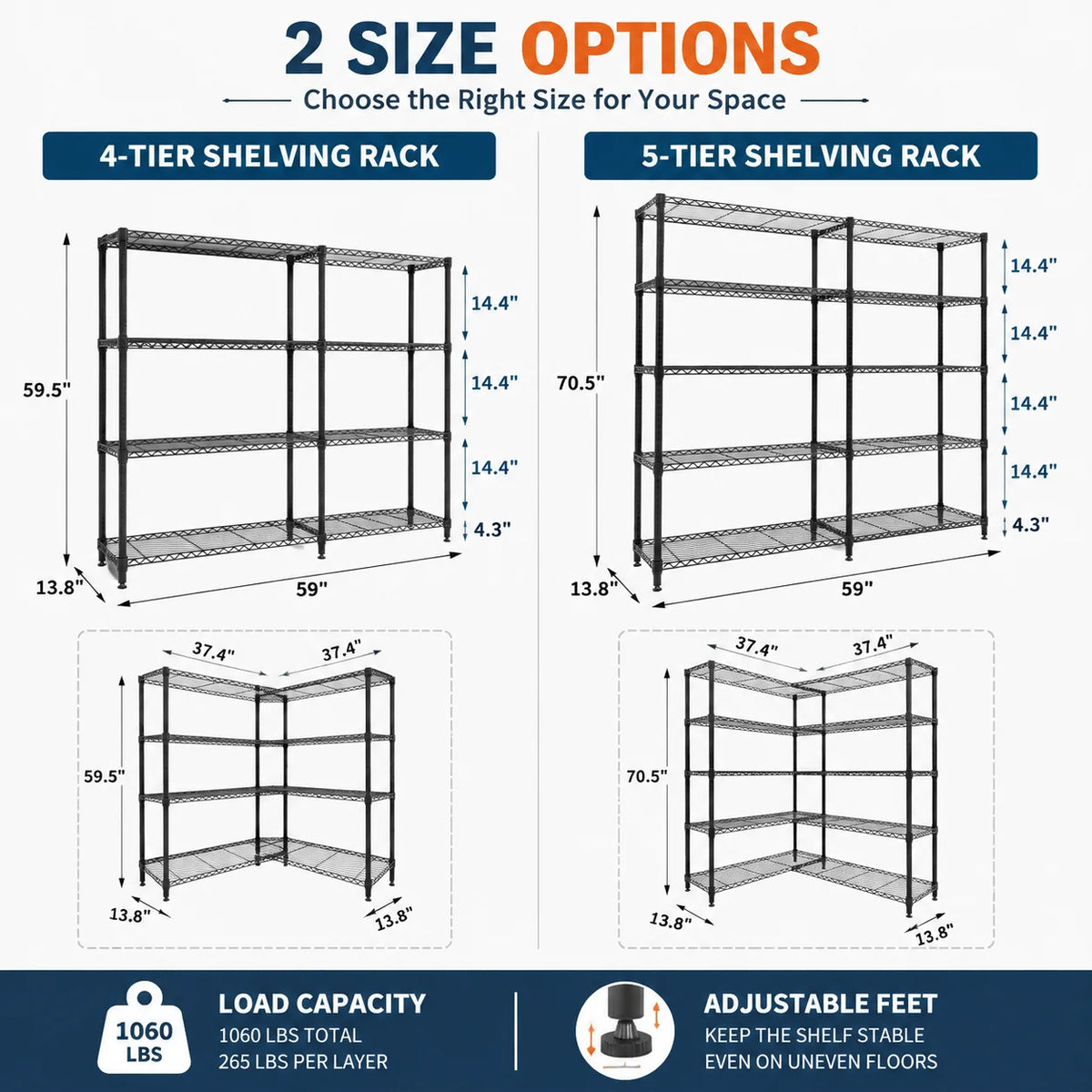 4/5 Tier Heavy Duty Metal Storage Shelving Rack Adjustable Wire Shelf 1060lbs Load Capacity V Shape Reinforced Steel Garage Organizer L Shape Corner Storage Rack Boltless Assembly for Garage Pantry Basement