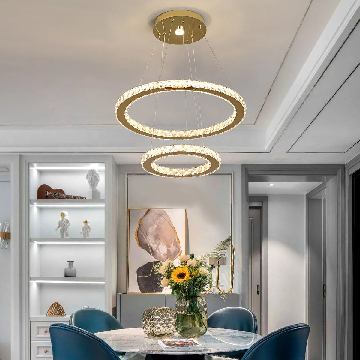 Modern Rings Led Pendant Light Luxury Crystal Dimmable Chandelier Hanging Lustre Ceiling Lamp Living Dining Room Decor Fixture