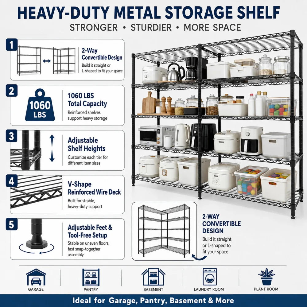 4/5 Tier Heavy Duty Metal Storage Shelving Rack Adjustable Wire Shelf 1060lbs Load Capacity V Shape Reinforced Steel Garage Organizer L Shape Corner Storage Rack Boltless Assembly for Garage Pantry Basement