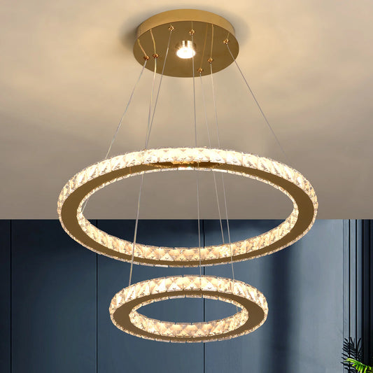 Modern Rings Led Pendant Light Luxury Crystal Dimmable Chandelier Hanging Lustre Ceiling Lamp Living Dining Room Decor Fixture