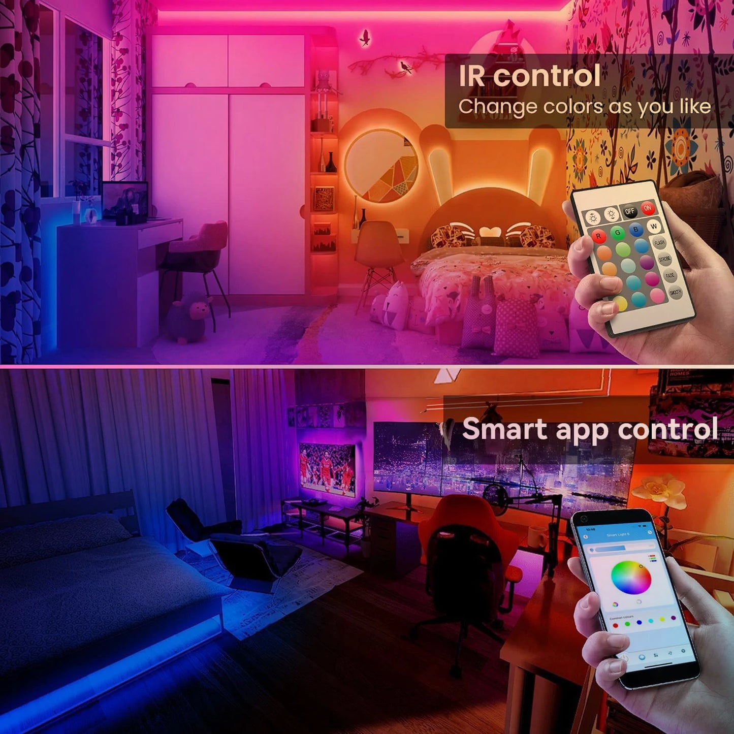 25/50/100/130/200FT RGB LED Smart Light Strip, App & 24-Key Remote Control, Music Sync, 24V, Multiple Modes for Living Room Bedroom Courtyard Party Halloween Christmas Decor