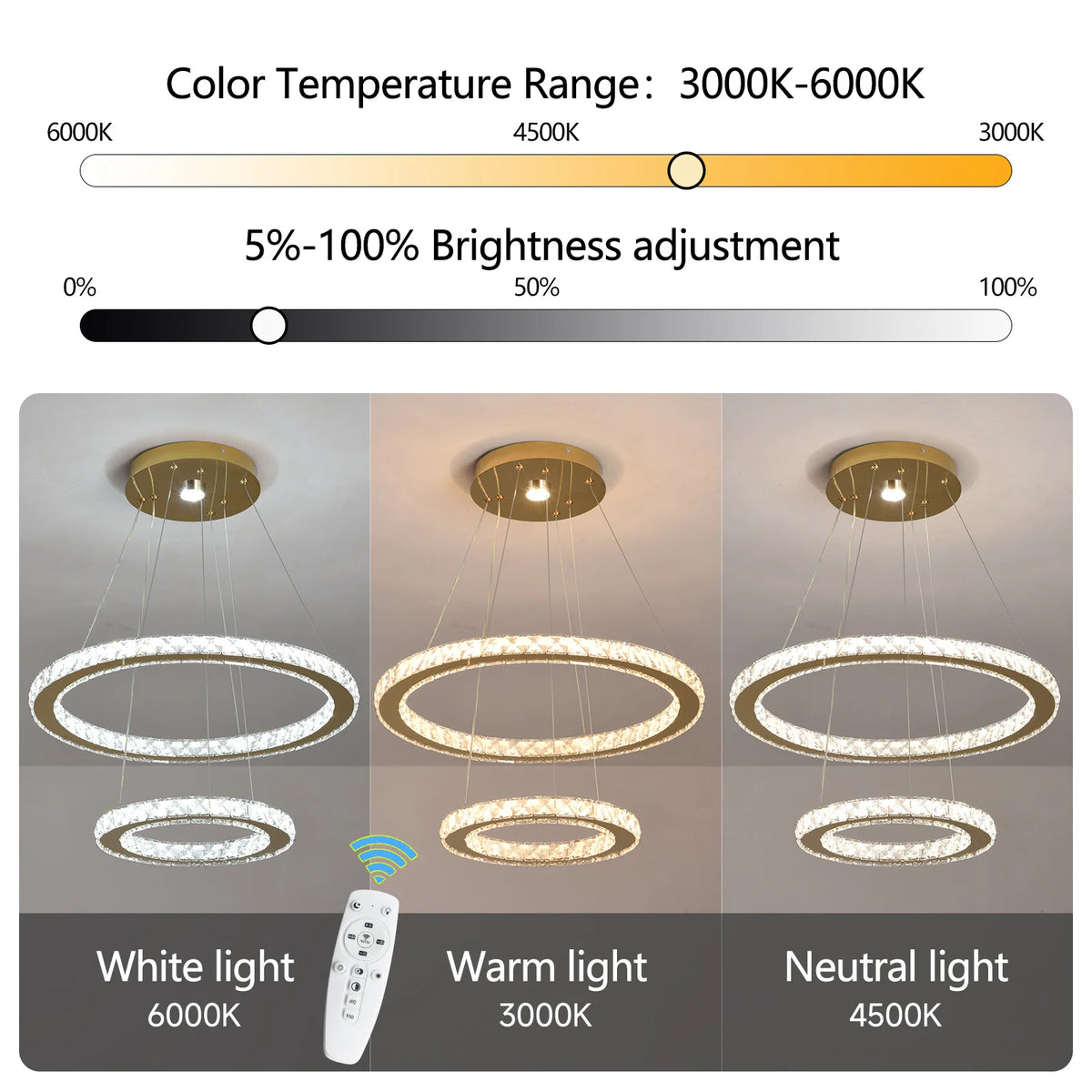 Modern Rings Led Pendant Light Luxury Crystal Dimmable Chandelier Hanging Lustre Ceiling Lamp Living Dining Room Decor Fixture