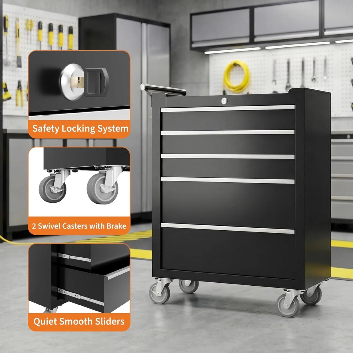 Portable Rolling Tool Chest with 5 Drawers, Mobile Tool Storage Cabinet with Lock, Heavy Duty Toolbox Organizer on Wheels for Garage Workshop Mechanic Shop Use