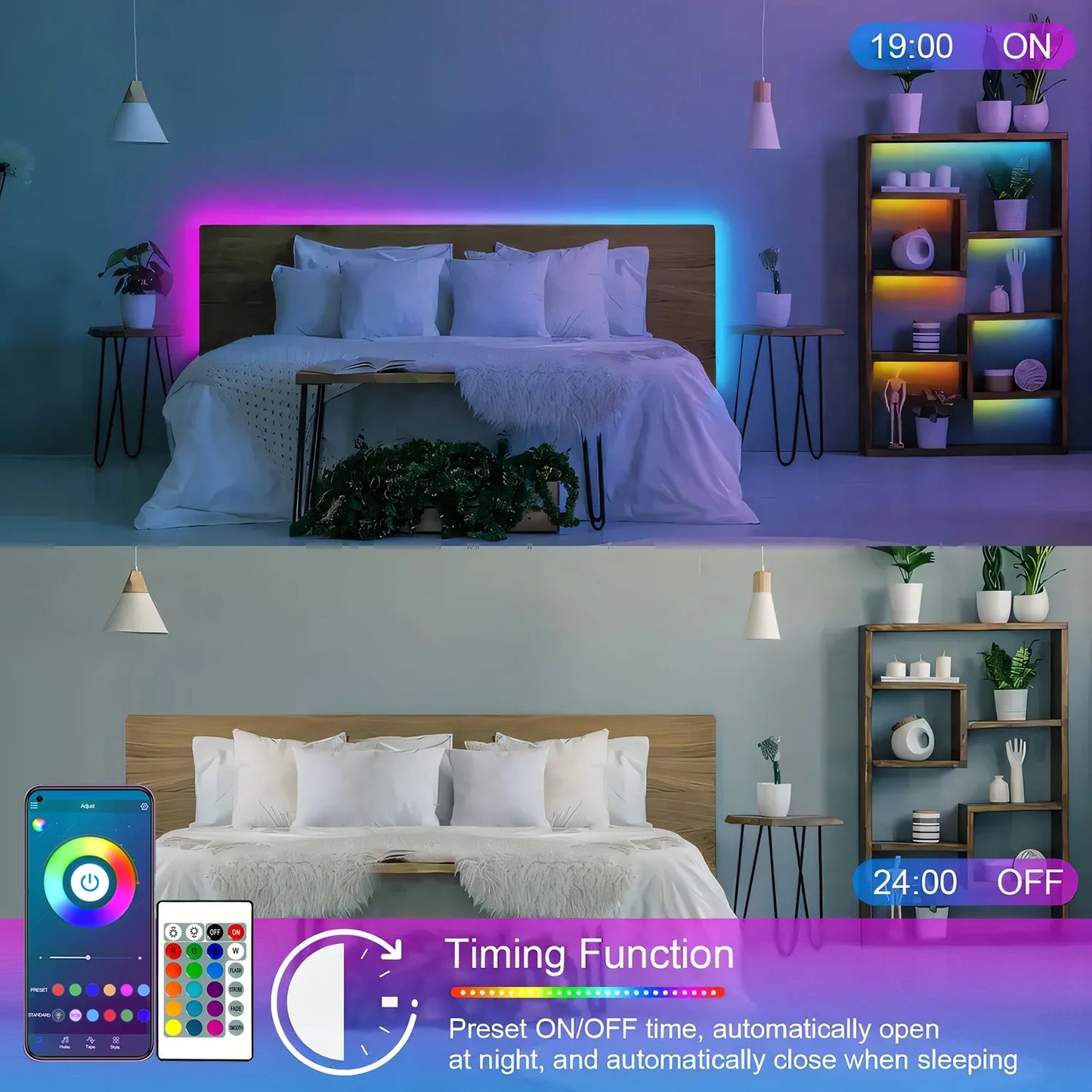 100FT Bluetooth LED Strip Lights, RGB Color Changing Led Strip Lighting with 24-Key Remote and  APP Control, Music Sync Lights