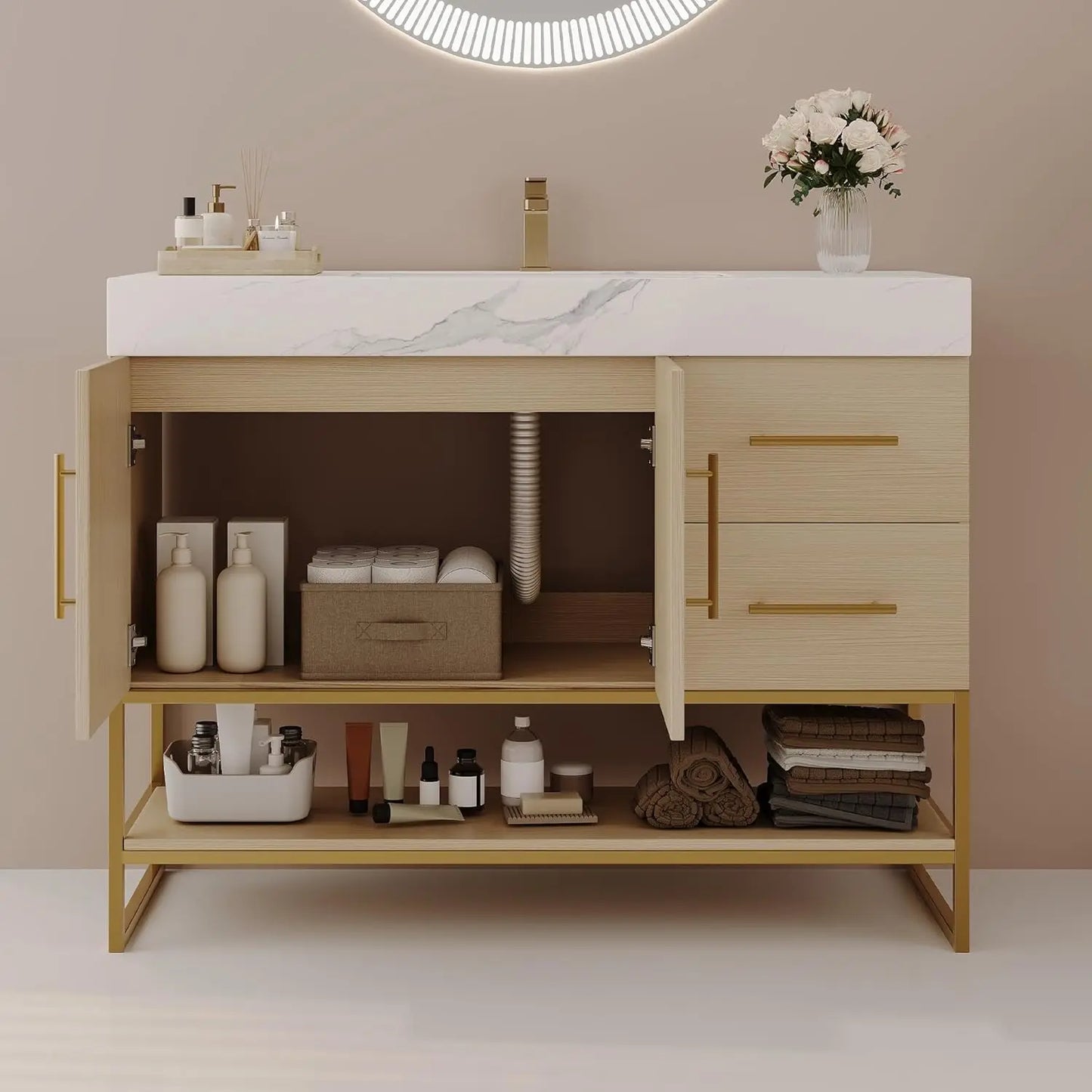 36" Modern Bathroom Vanity with Ceramic Sink – Sintered Stone Top, 4 Soft-Close Drawers, Sturdy Solid Wood Cabinet,, Customized