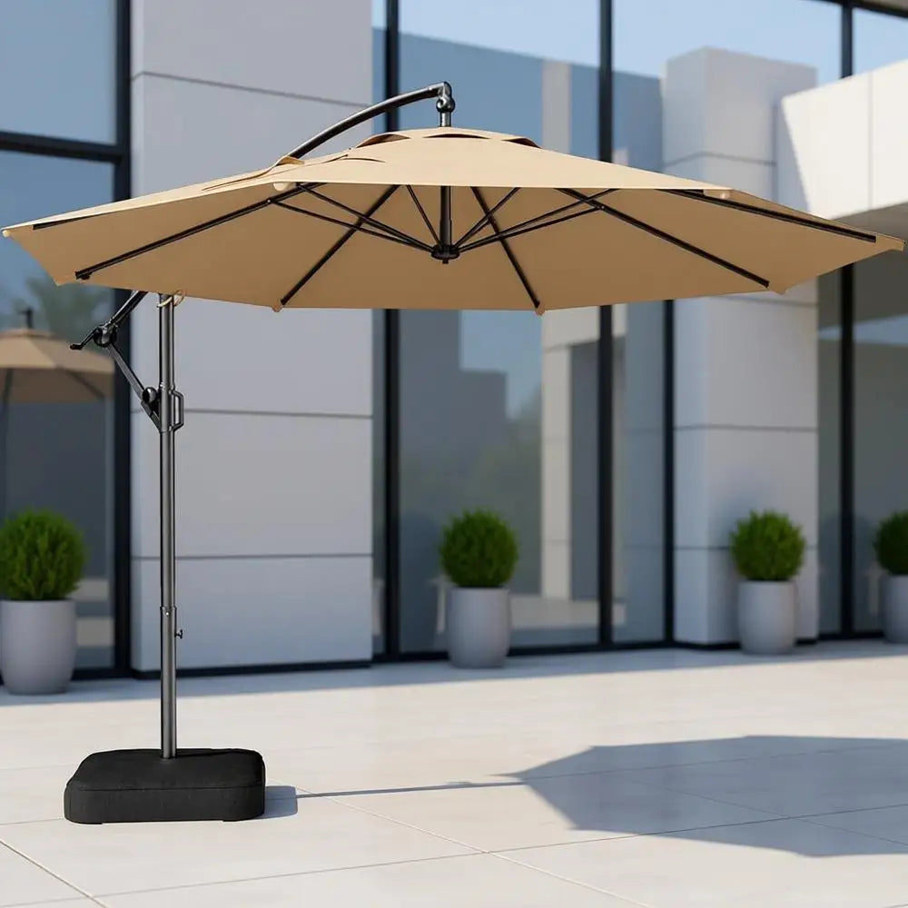 10ft Hanging Patio Outdoor Market Umbrella with Base, UPF 50+ UV Protection, Easy Crank Operation for Pool Deck and Garden (Beig