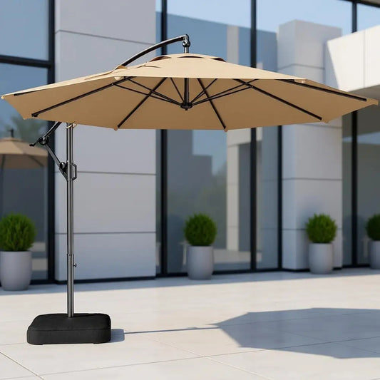 10ft Hanging Patio Outdoor Market Umbrella with Base, UPF 50+ UV Protection, Easy Crank Operation for Pool Deck and Garden (Beig