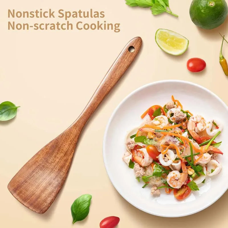 5pcs Wooden Utensil Set with Hanging Holes, Food Grade Spoons and Spatula 24-33.7cm, Non-Toxic Smooth Kitchen Tools for Cooking