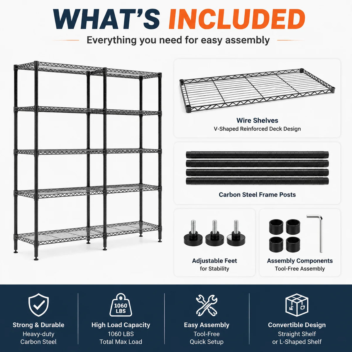 4/5 Tier Heavy Duty Metal Storage Shelving Rack Adjustable Wire Shelf 1060lbs Load Capacity V Shape Reinforced Steel Garage Organizer L Shape Corner Storage Rack Boltless Assembly for Garage Pantry Basement