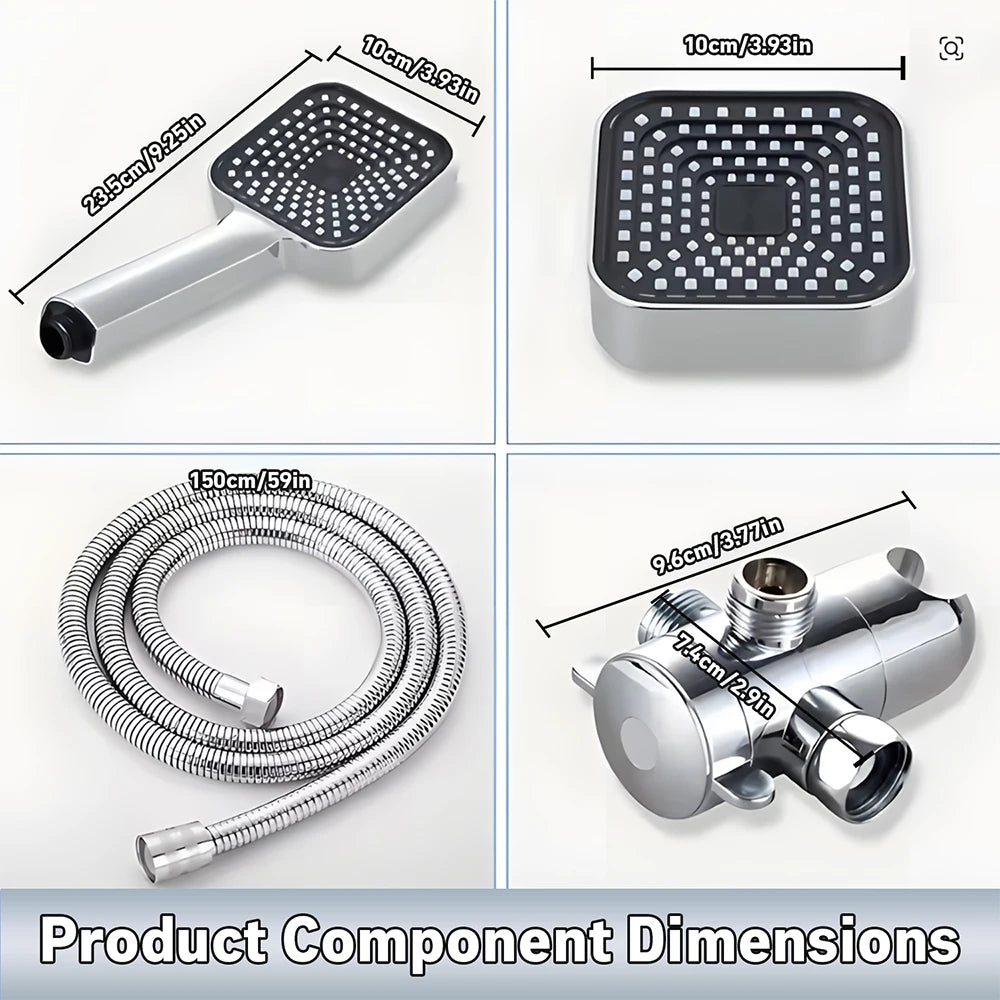 A High-Flow Large Nozzle and Handheld Shower Head，Two-In-One Shower Set,Shower Long Hose and T-Shaped Valve-Durable Abs Material,Wall-Mounted, Square Design,Suitable for Bathroom UpgradesThree-Way Water Distributor Bathroom