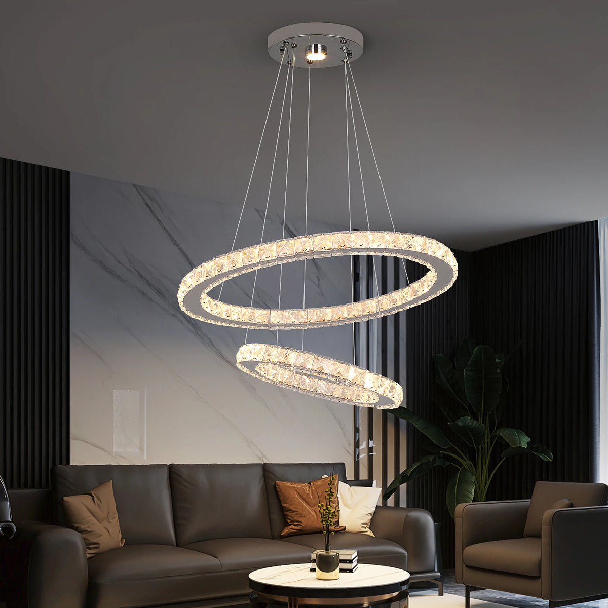 Modern Rings Led Pendant Light Luxury Crystal Dimmable Chandelier Hanging Lustre Ceiling Lamp Living Dining Room Decor Fixture