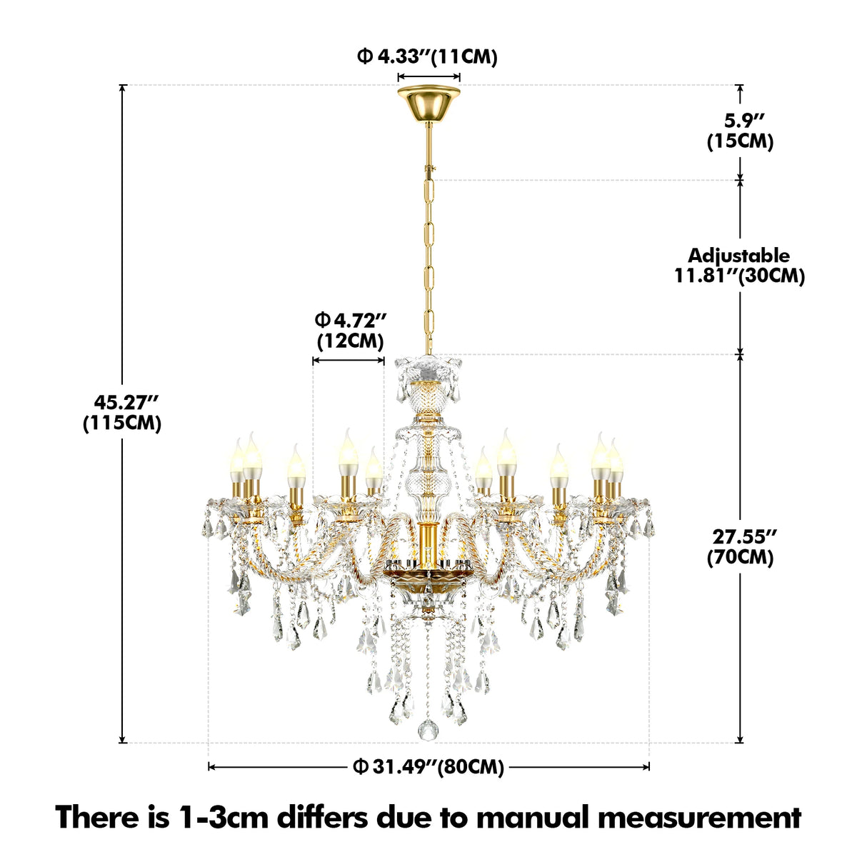 10Arms K9 Crystal Chandelier Adjustable Chain Ceiling Pendant Lamp Modern Lighting For Living Room Bedroom Hall Home Decor
