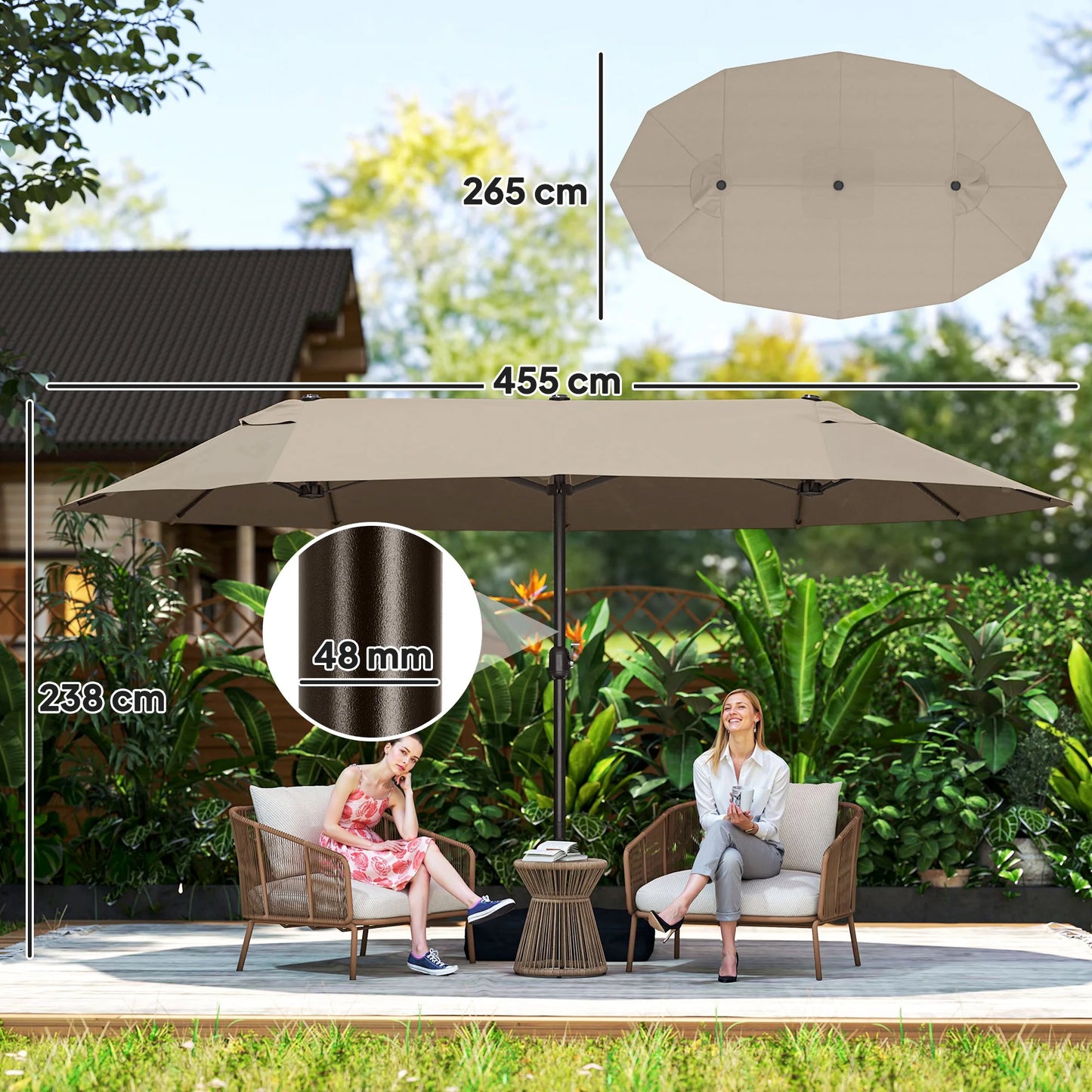 Patio Umbrella 15' Steel Rectangular Outdoor Double Sided Market with Base, Sun Protection & Easy Crank for Deck Pool Patio, Coffee