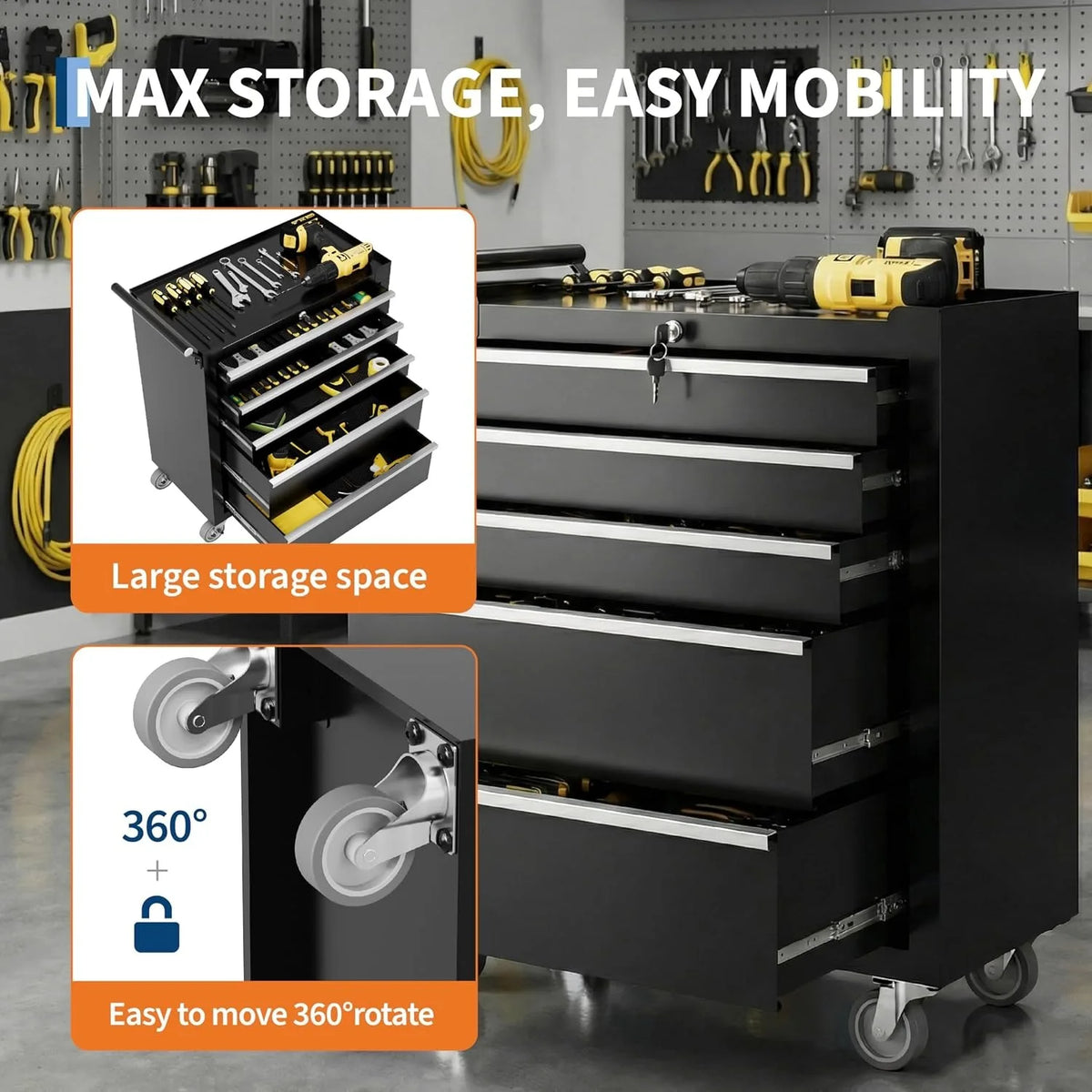 Portable Rolling Tool Chest with 5 Drawers, Mobile Tool Storage Cabinet with Lock, Heavy Duty Toolbox Organizer on Wheels for Garage Workshop Mechanic Shop Use