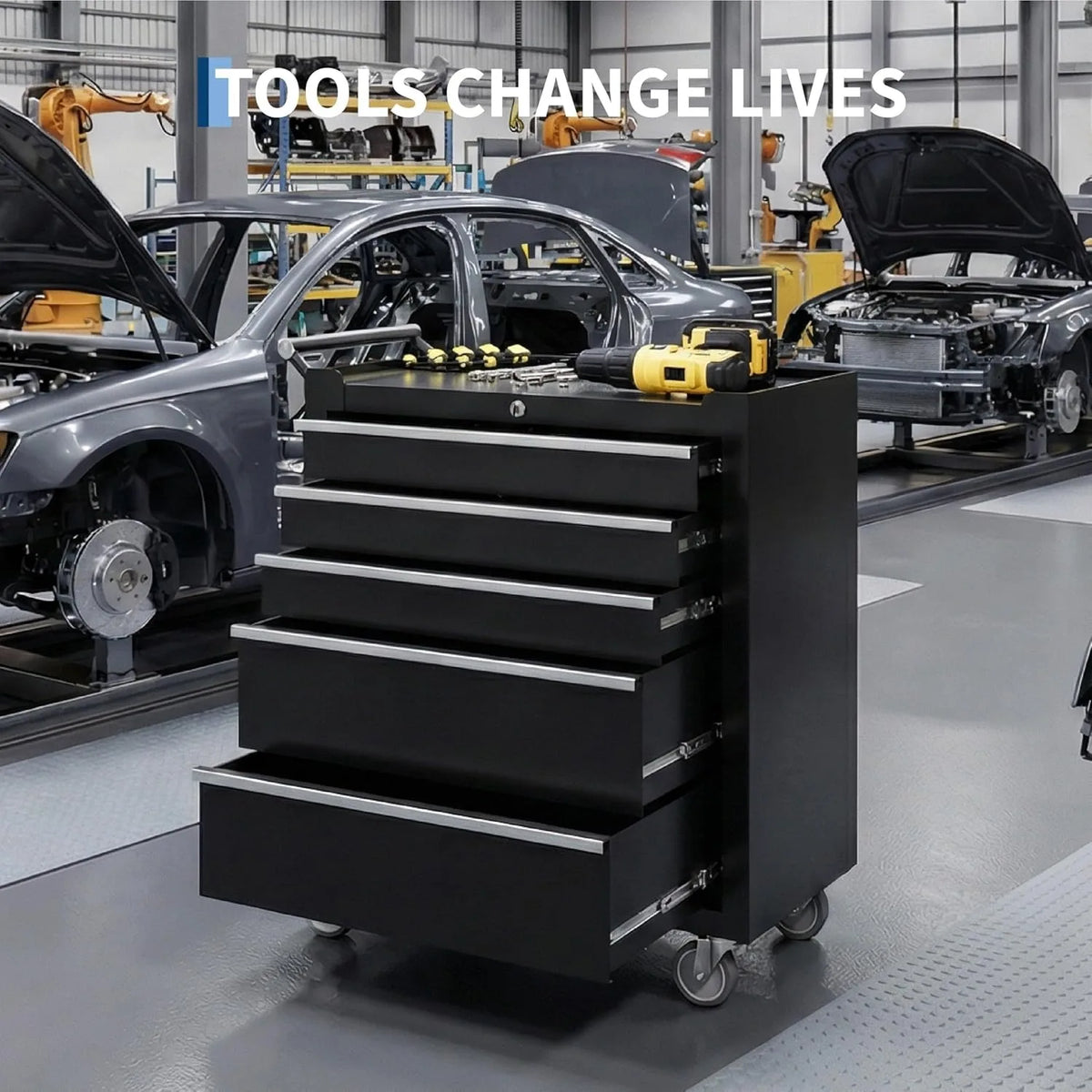 Portable Rolling Tool Chest with 5 Drawers, Mobile Tool Storage Cabinet with Lock, Heavy Duty Toolbox Organizer on Wheels for Garage Workshop Mechanic Shop Use