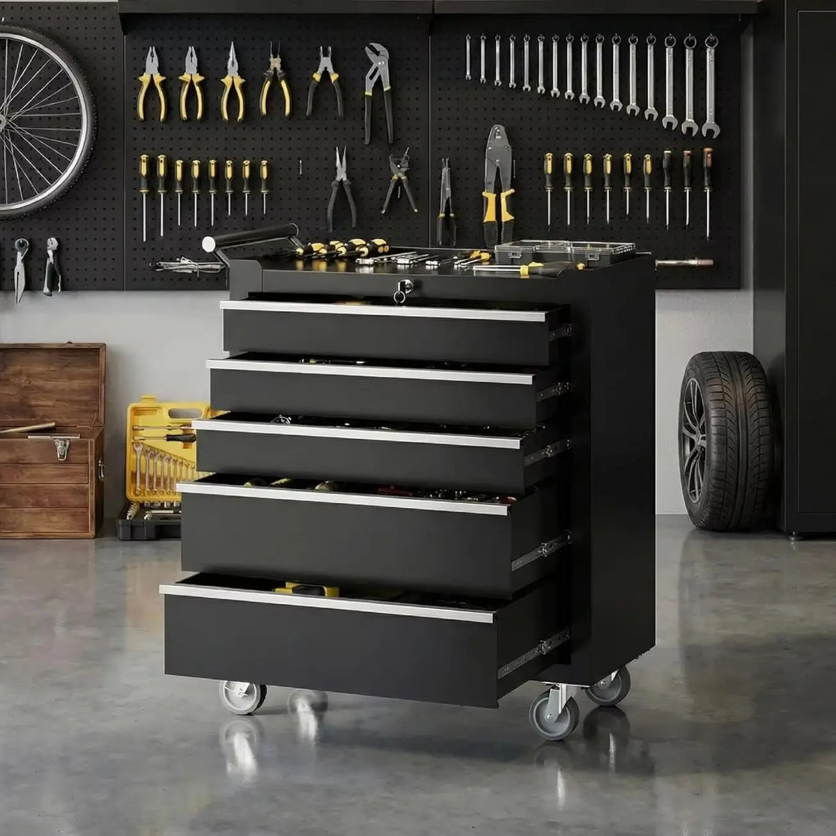 Portable Rolling Tool Chest with 5 Drawers, Mobile Tool Storage Cabinet with Lock, Heavy Duty Toolbox Organizer on Wheels for Garage Workshop Mechanic Shop Use