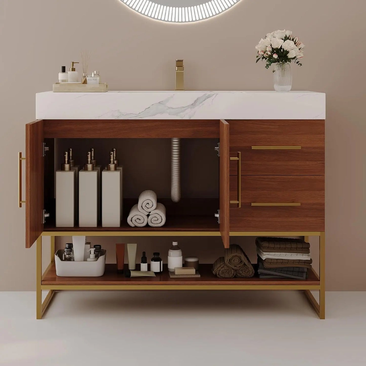 36" Modern Bathroom Vanity with Ceramic Sink – Sintered Stone Top, 4 Soft-Close Drawers, Sturdy Solid Wood Cabinet,, Customized