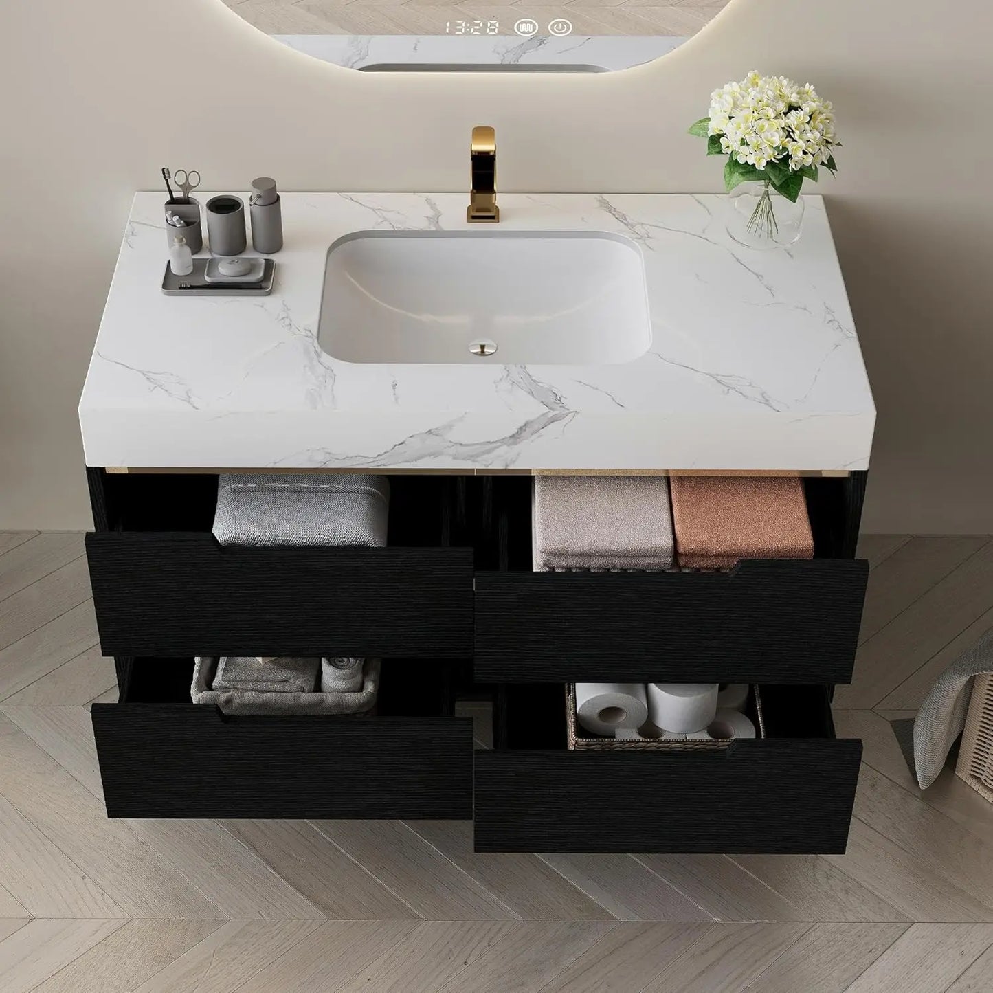 36" Modern Bathroom Vanity with Ceramic Sink – Sintered Stone Top, 4 Soft-Close Drawers, Sturdy Solid Wood Cabinet,, Customized