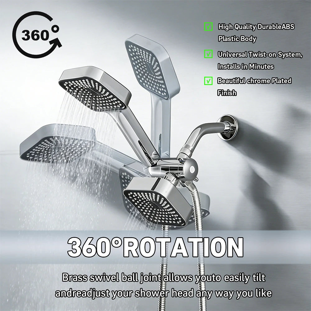 A High-Flow Large Nozzle and Handheld Shower Head，Two-In-One Shower Set,Shower Long Hose and T-Shaped Valve-Durable Abs Material,Wall-Mounted, Square Design,Suitable for Bathroom UpgradesThree-Way Water Distributor Bathroom