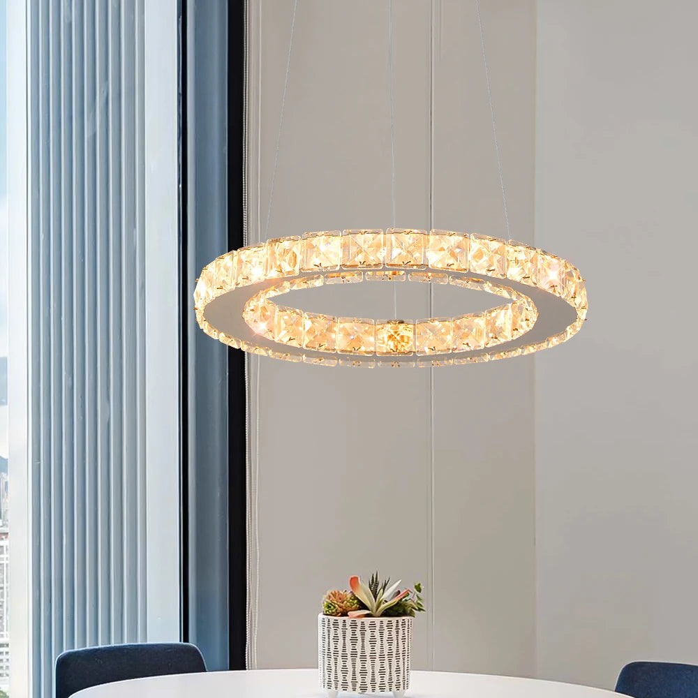 Modern Rings Led Pendant Light Luxury Crystal Dimmable Chandelier Hanging Lustre Ceiling Lamp Living Dining Room Decor Fixture