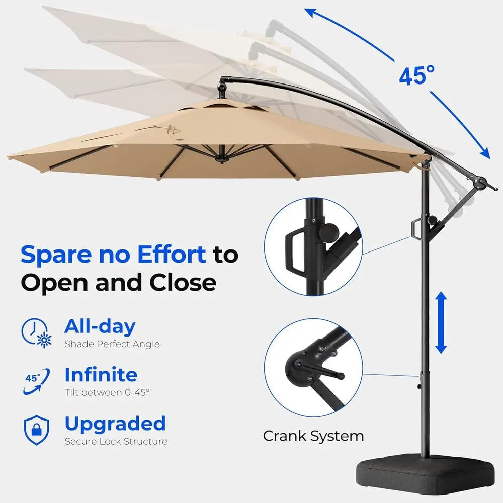 10ft Hanging Patio Outdoor Market Umbrella with Base, UPF 50+ UV Protection, Easy Crank Operation for Pool Deck and Garden (Beig